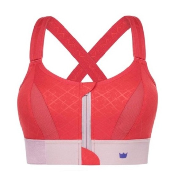 SHEFIT Other - SHEFIT Red Front-Zip Cross-Back Sports Bra with Pink Band